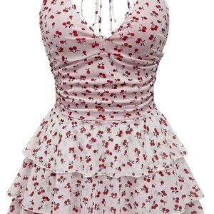 Women’s Fruit Print Ruched Halter Dress Tiered Ruffle Mini for Summer & Parties